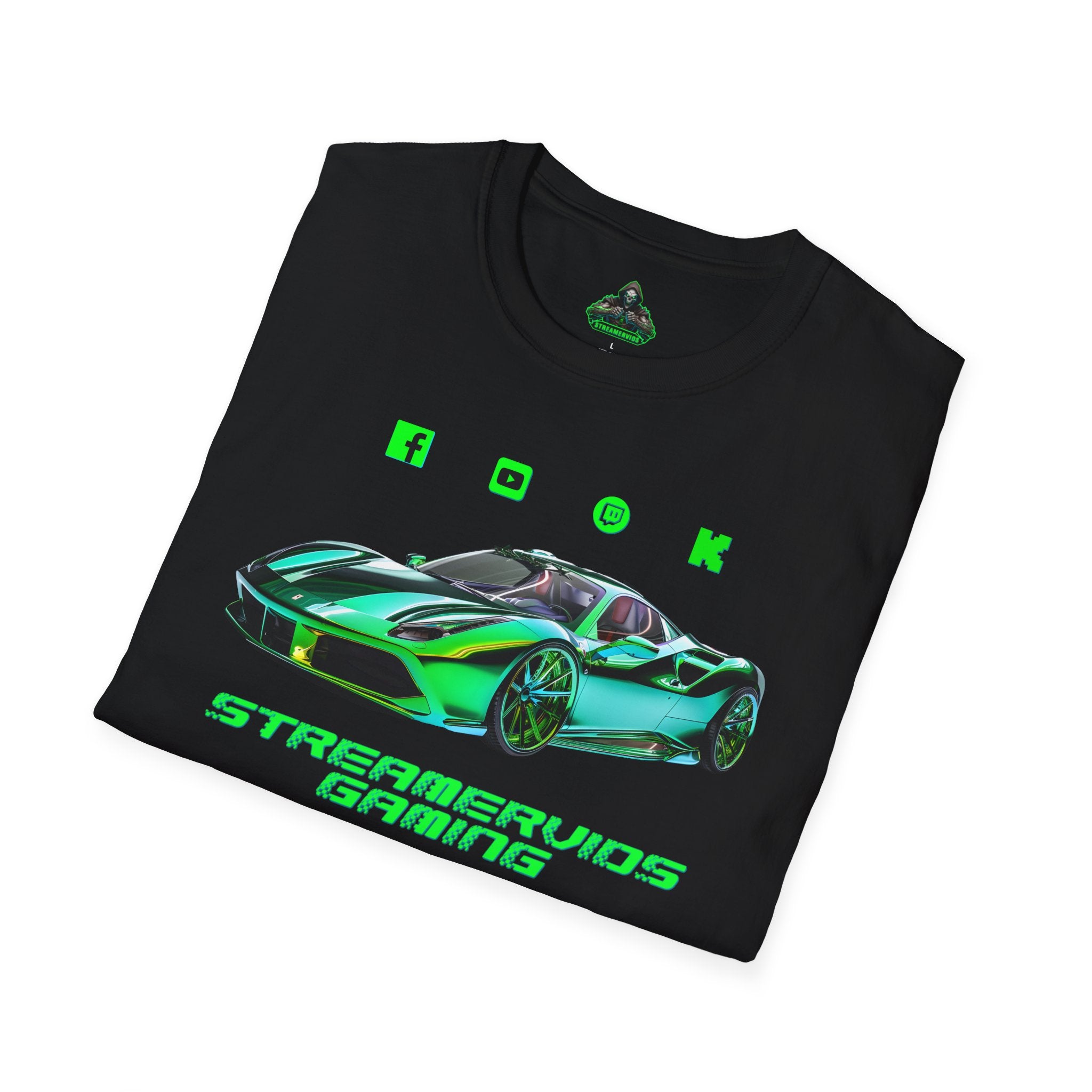 StreamerVids Gaming Racing Car T-Shirt with Social logos.