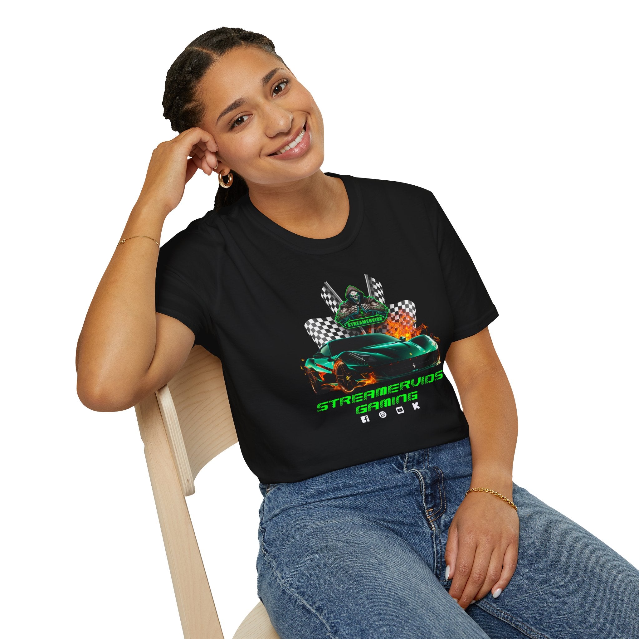 StreamerVids Gaming Racing Car T-Shirt with checkered flags.