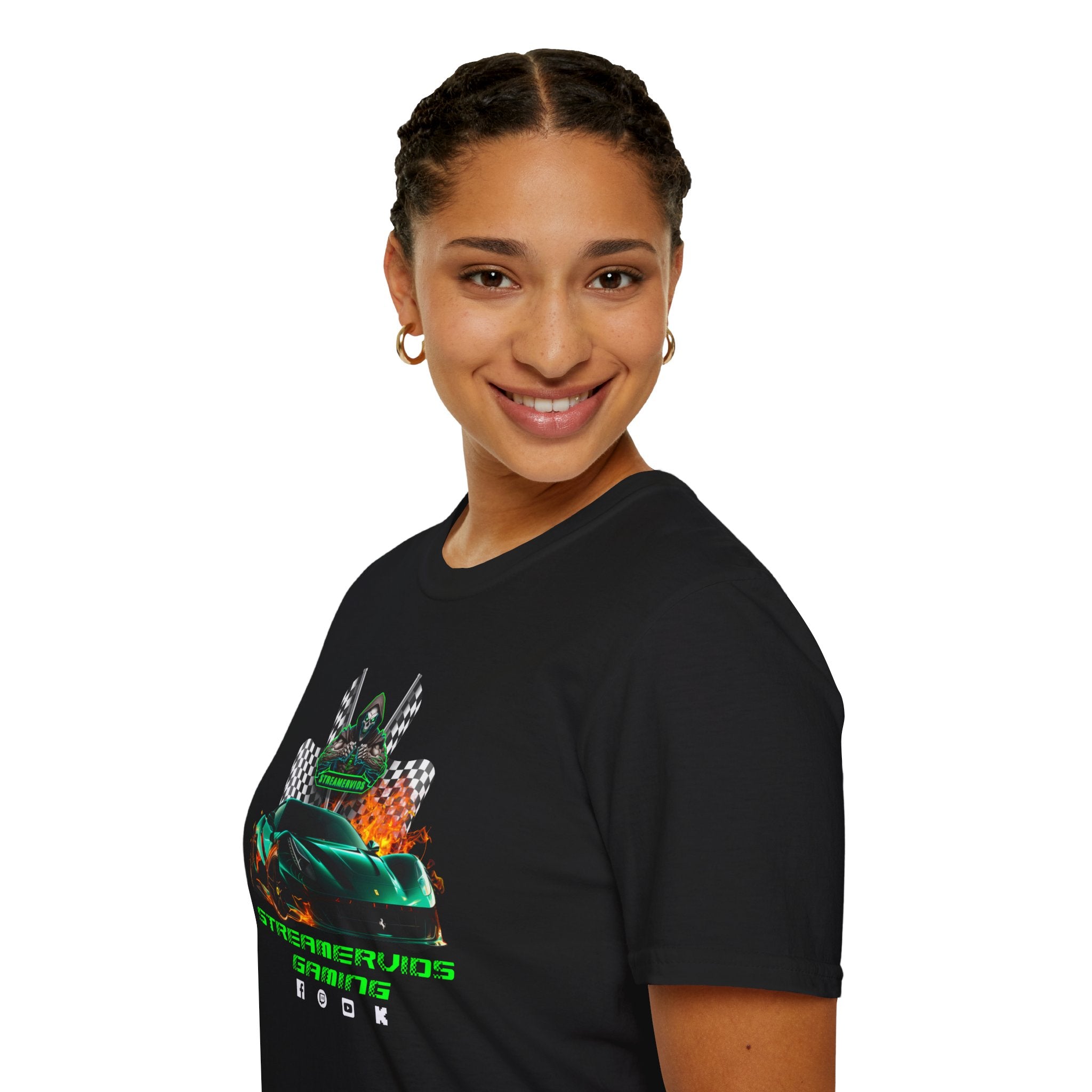 StreamerVids Gaming Racing Car T-Shirt with checkered flags.
