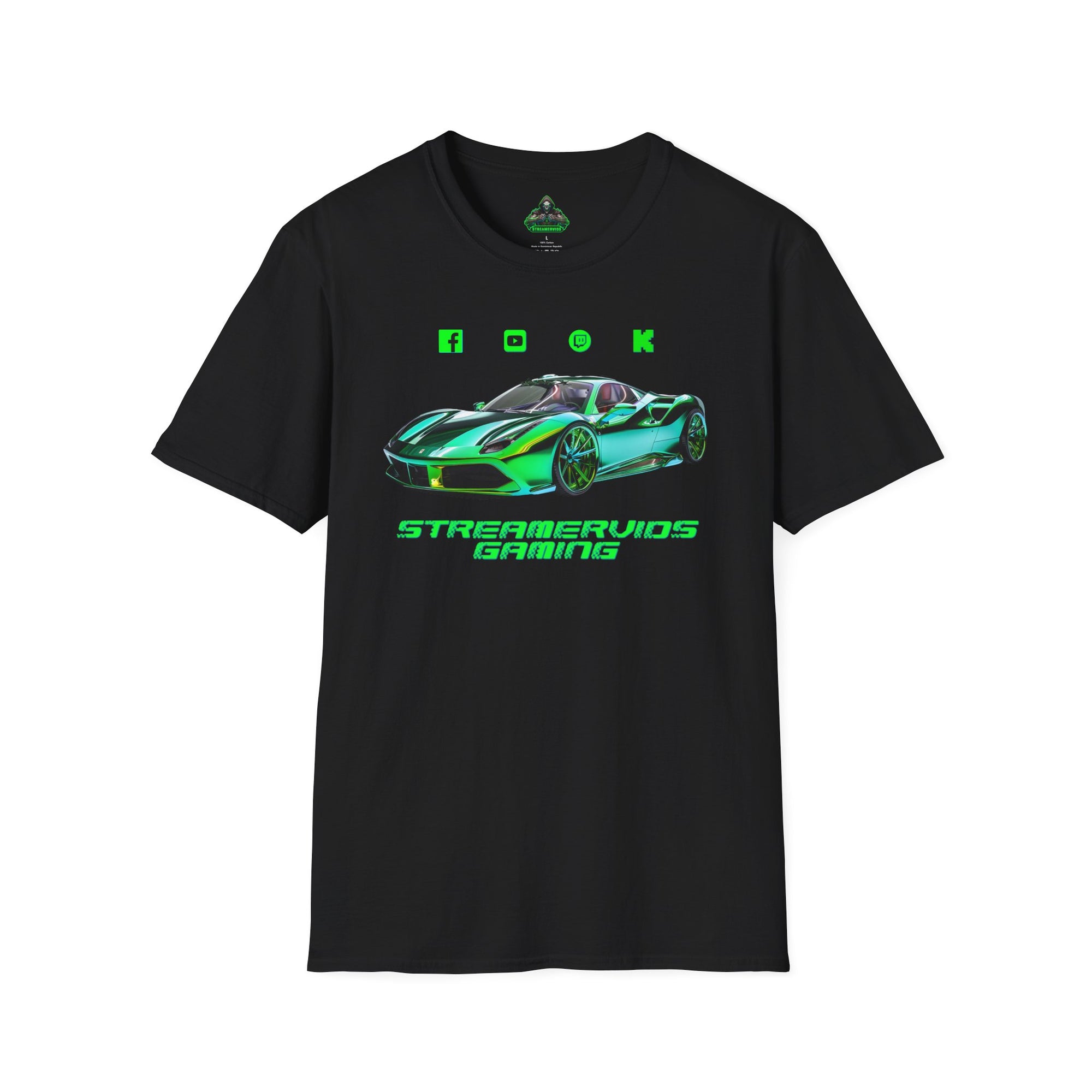 StreamerVids Gaming Racing Car T-Shirt with Social logos.