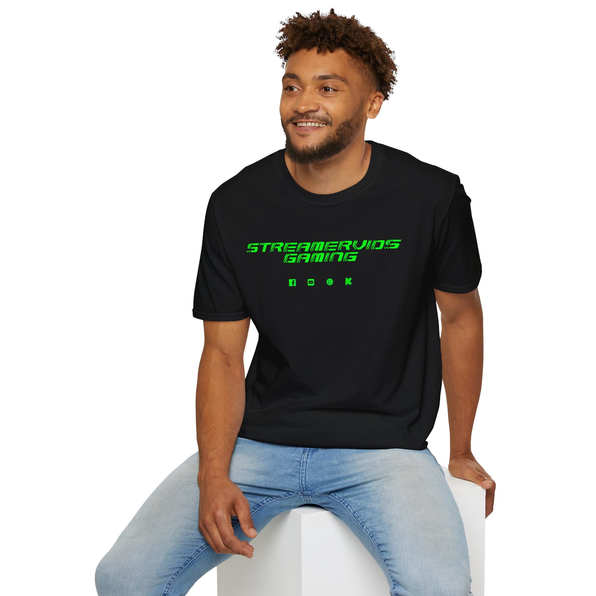 StreamerVids Gaming Racing Font T-Shirt with Social logos.