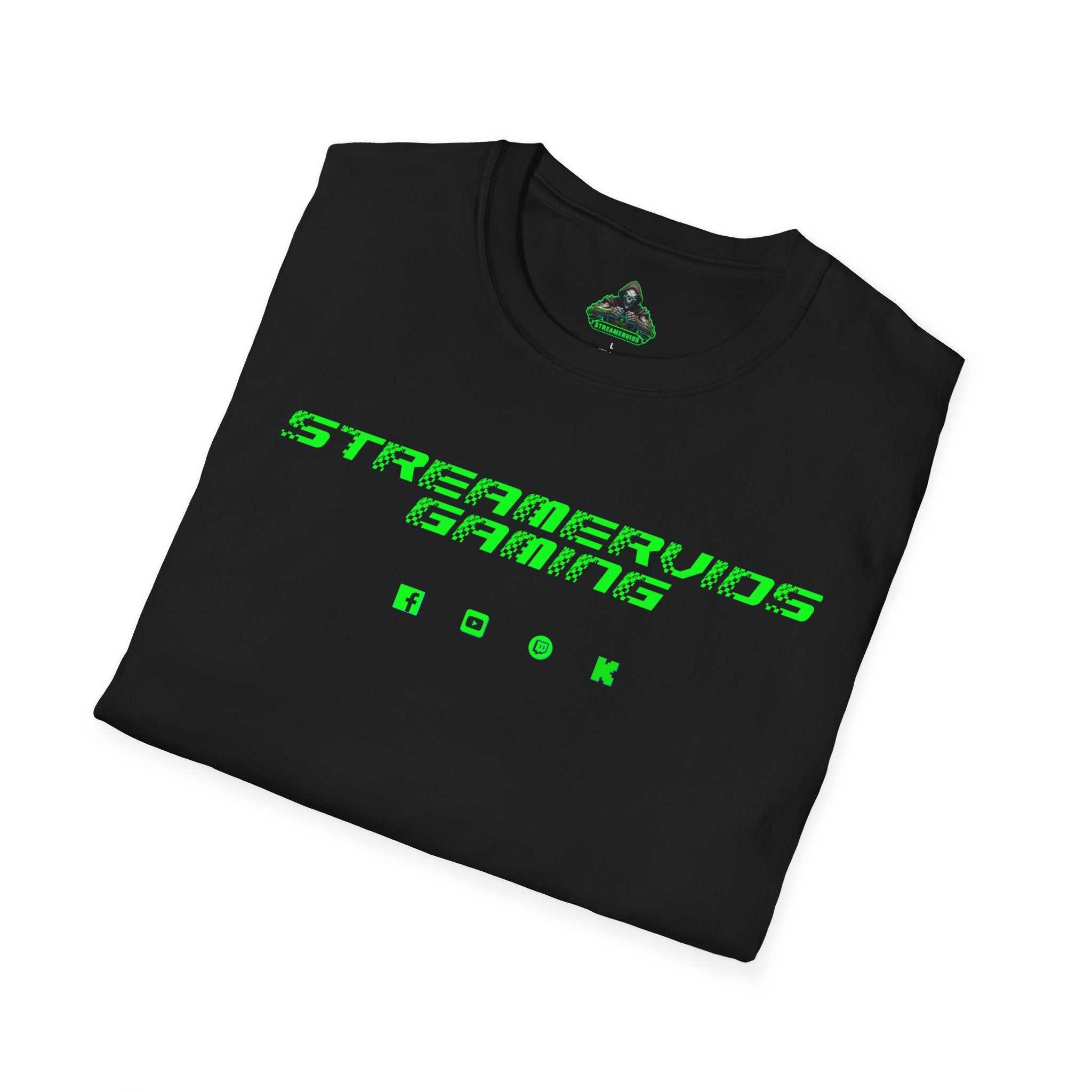 StreamerVids Gaming Racing Font T-Shirt with Social logos.
