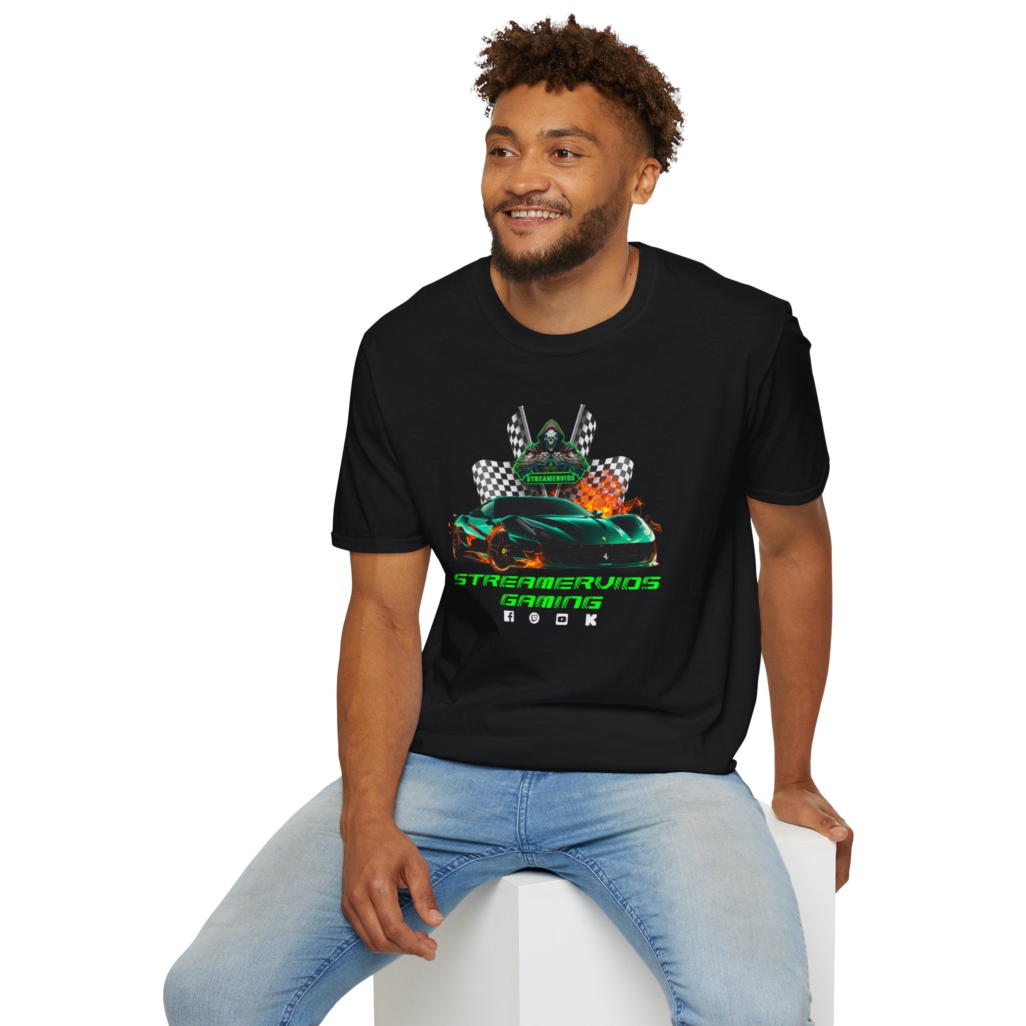 StreamerVids Gaming Racing Car T-Shirt with checkered flags.