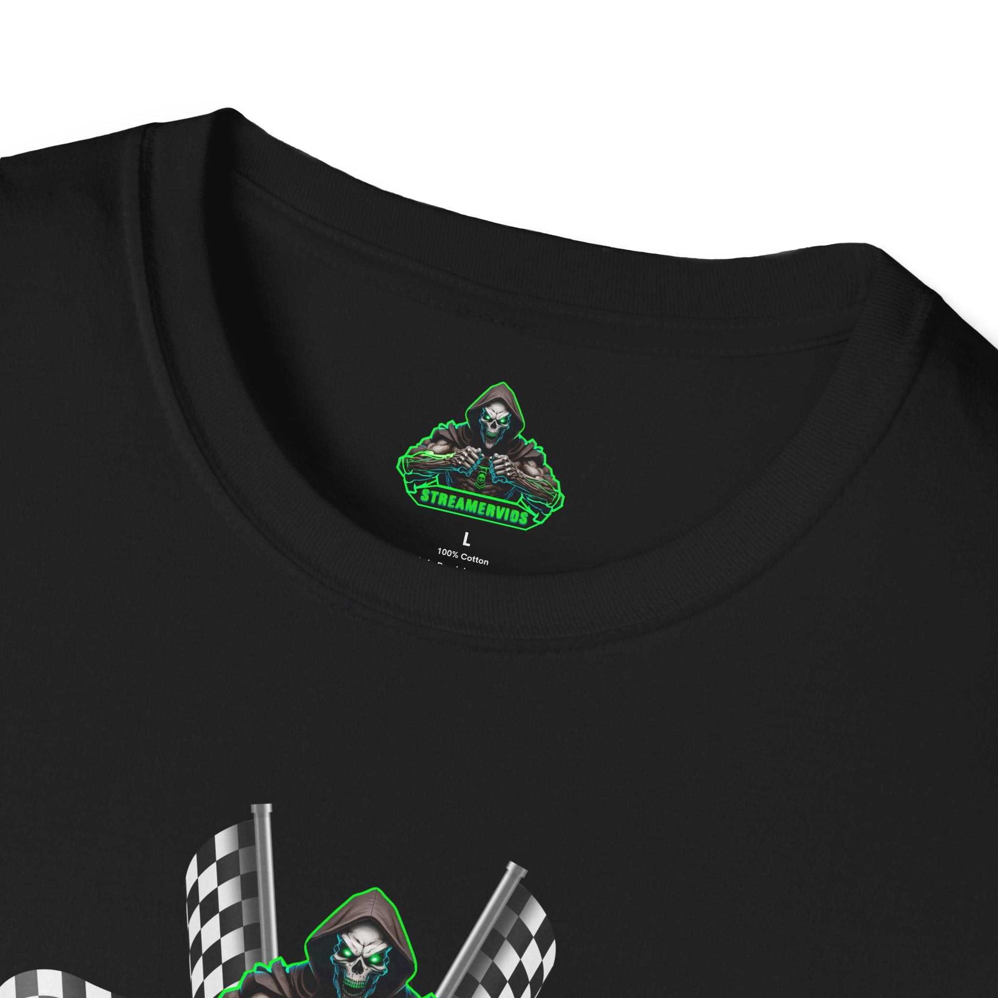 StreamerVids Gaming Racing Car T-Shirt with checkered flags.