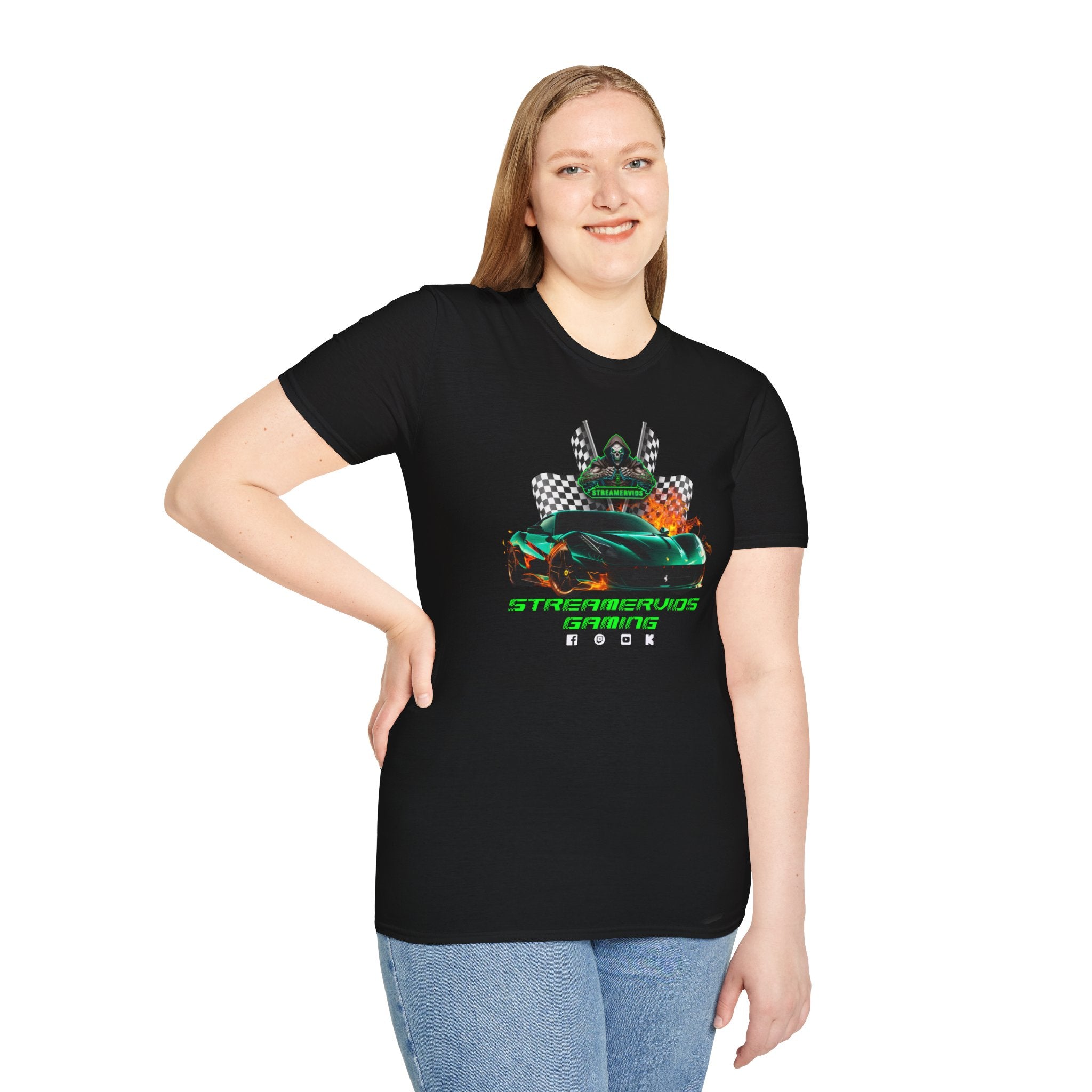 StreamerVids Gaming Racing Car T-Shirt with checkered flags.