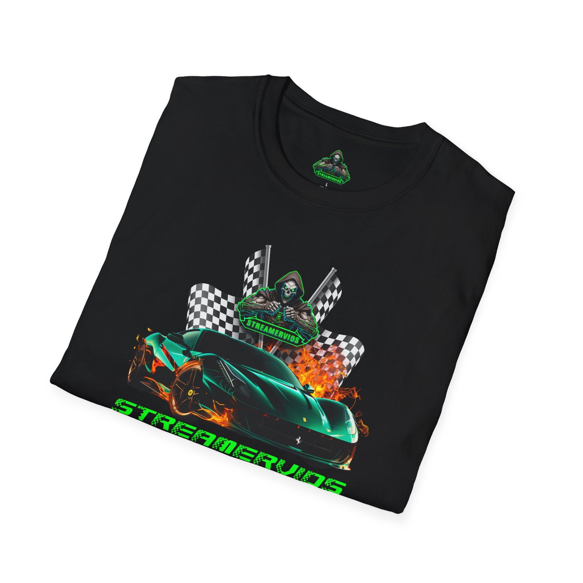 StreamerVids Gaming Racing Car T-Shirt with checkered flags.