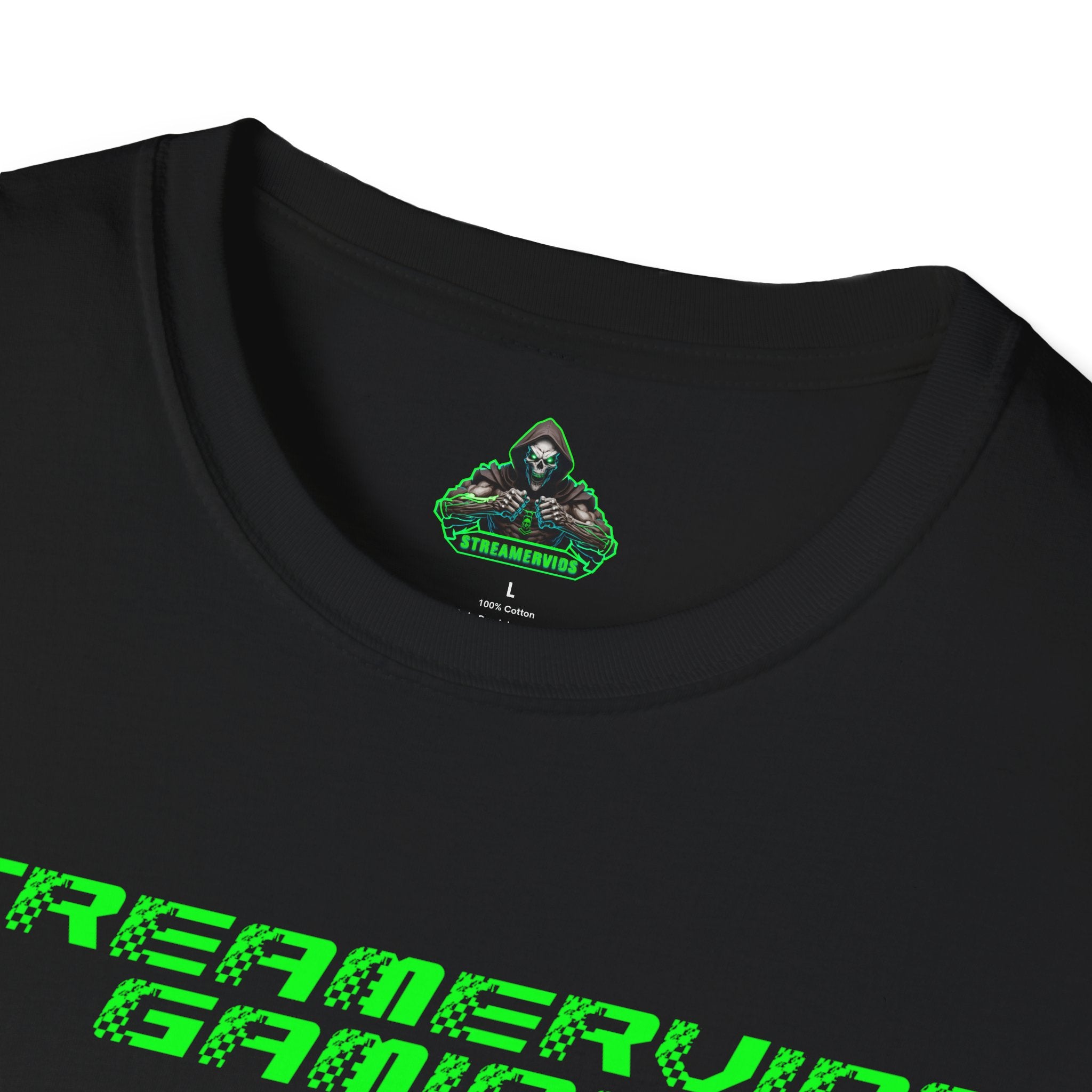 StreamerVids Gaming Racing Font T-Shirt with Social logos.