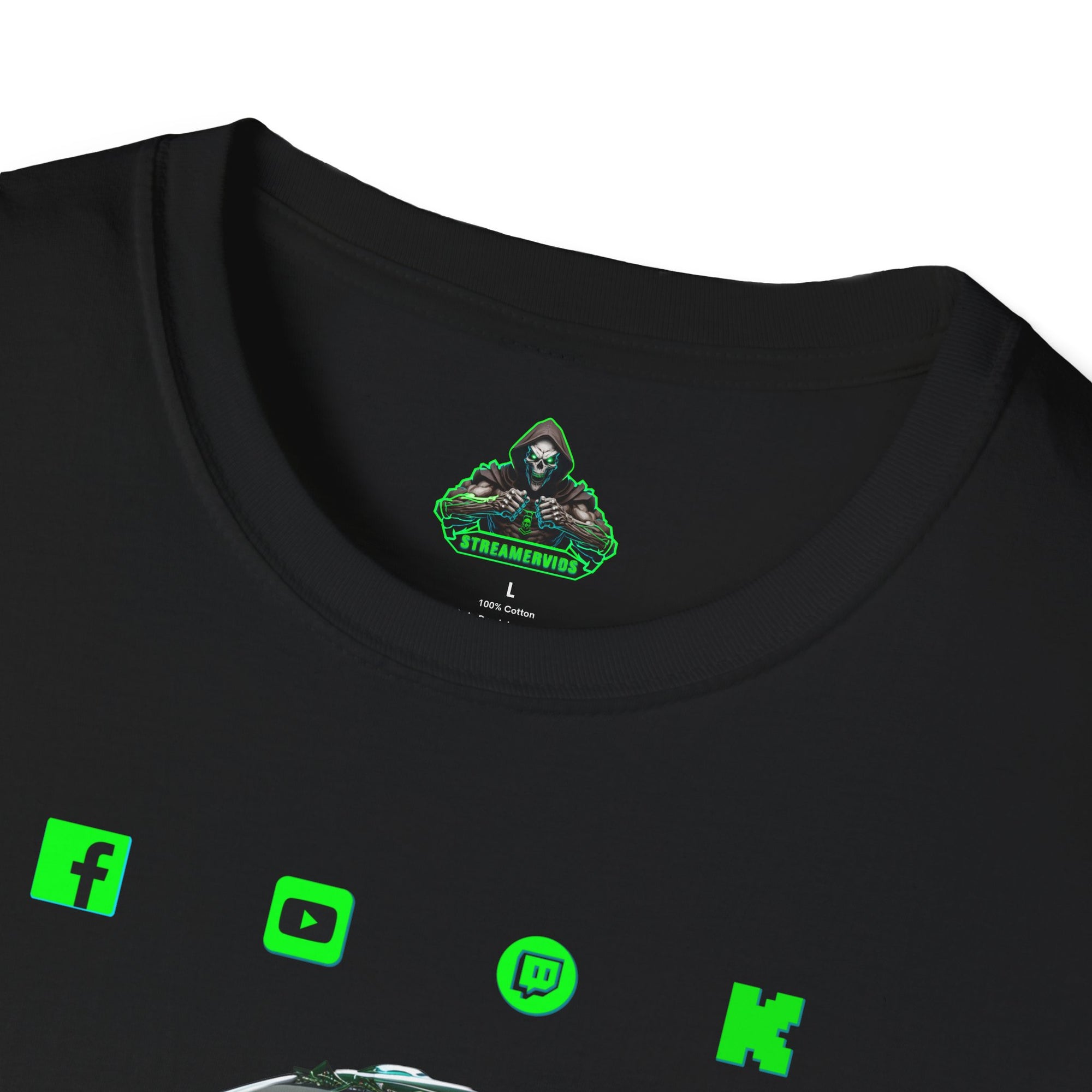 StreamerVids Gaming Racing Car T-Shirt with Social logos.