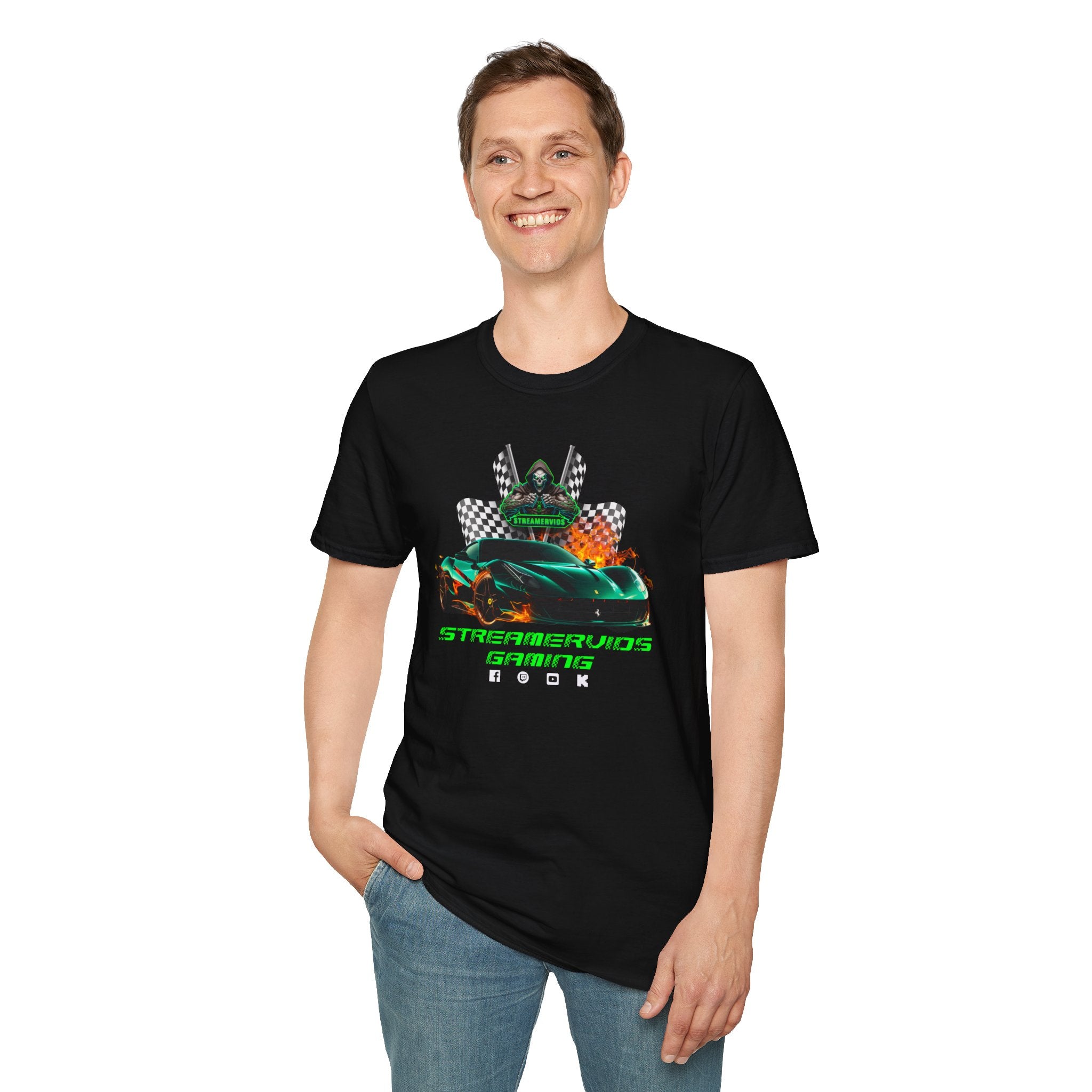 StreamerVids Gaming Racing Car T-Shirt with checkered flags.