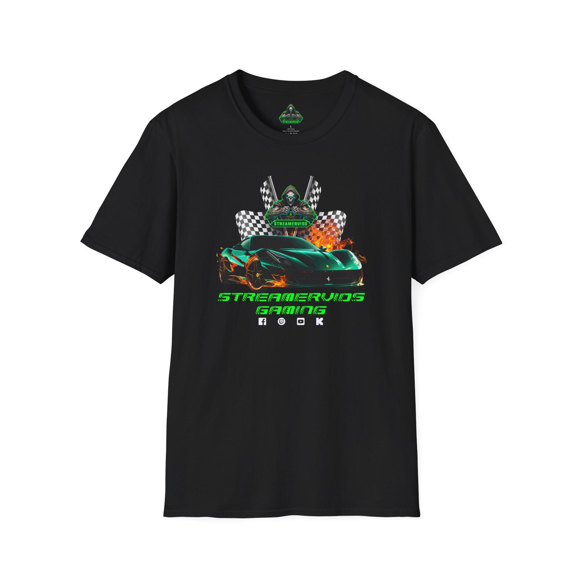 StreamerVids Gaming Racing Car T-Shirt with checkered flags.